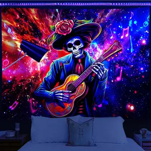 1pc Retro Rock Skull DJ Fluorescent Tapestry, UV Black Light Tapestry Wall Hanging, Tapestry For Bedroom Living Room Dormitory Office Living Room, Art Home Decoration/room Decoration/wall Decoration/party Decoration, Holiday Gift uv reactive tapestry