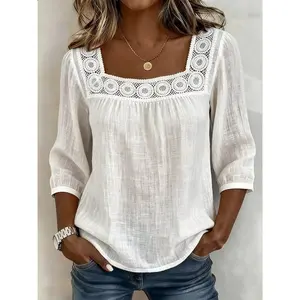 Women's 2026 New Summer Solid Color Casual Square Neck Lace Patchwork 3-Quarter Sleeve Sports Blouse, Basic Women's Clothes for Casual Wear