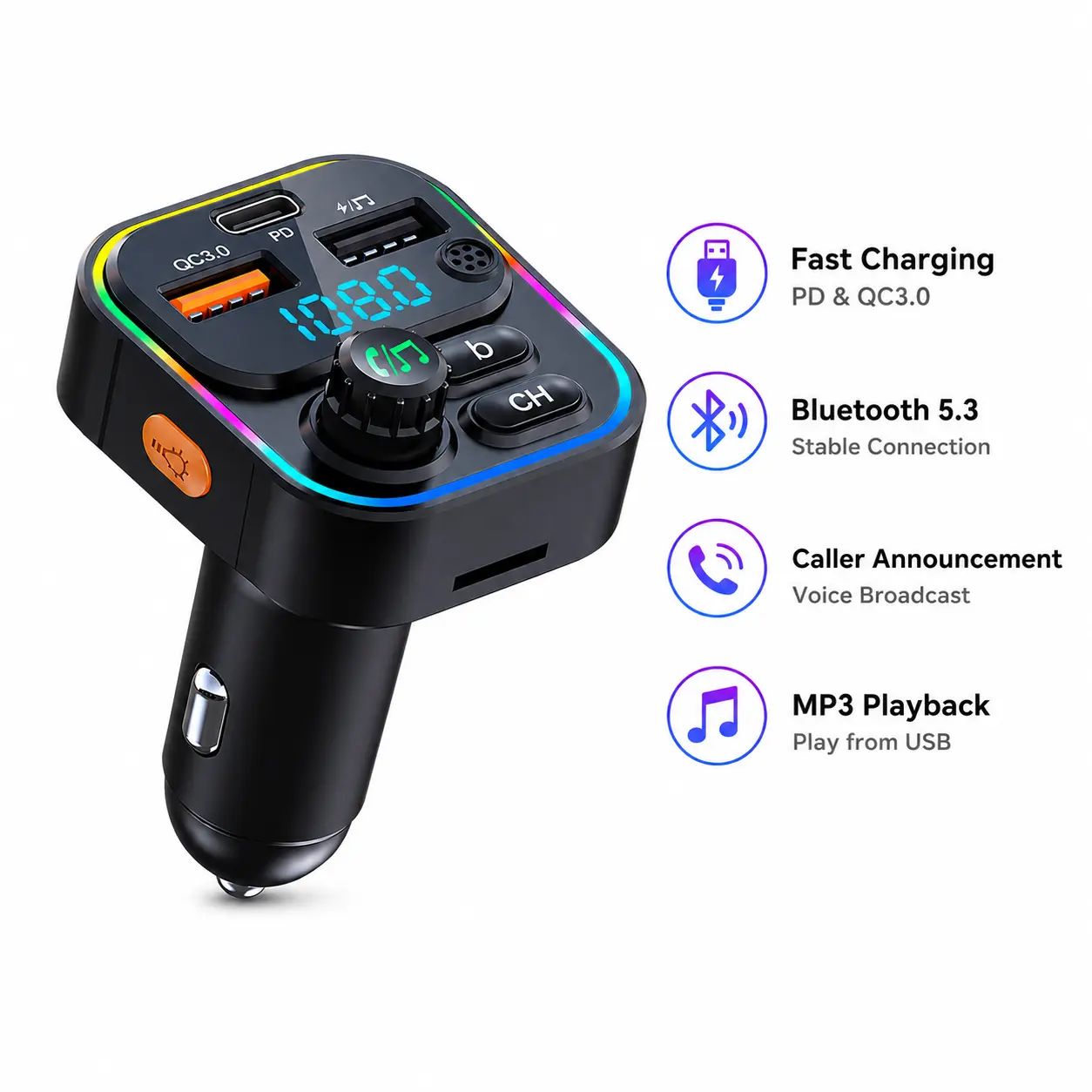 PD 30W Type-C Car Charger & Bluetooth 5.3 FM Transmitter, Wireless MP3 Player with Dual USB Ports, Bass Sound Enhancer, RGB Glowing Radio Adapter, Hands-Free Calls, Car Accessories & Road Trip Essentials, Compatible with 12V-24V