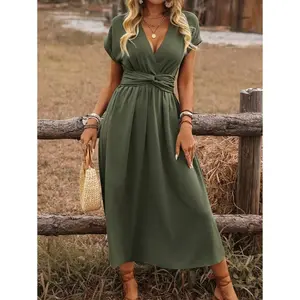 Women's Spring/Summer Bohemian Vacation Style Casual Shirred Waistline Drawstring Twist Knot Back Dolman Sleeve Flare Hem Midi Dress(Sheets)1123