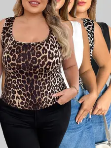 【Plus Size】 Plain / Leopard Print Tank Top, Casual Fitted Sleeveless Top for Daily Wear, Women's Plus Clothing for All Seasons