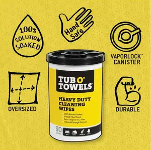 Tub O' Towels TW90 Heavy-Duty 10" x 12" Size Multi-Surface Cleaning Wipes, (10" x 12" wipes) Per Canister, Pack of 1, 90 Count Total
