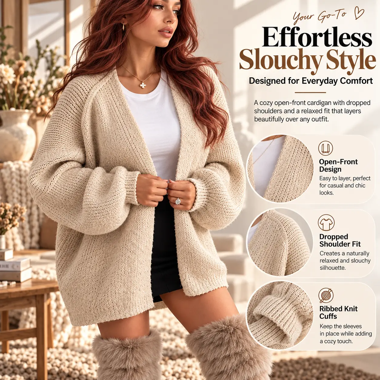 Women’s Chunky Knit Cardigan Sweater, Oversized Open Front Coat with Bubble Puff Sleeves, Soft Loose Long Sleeve Outerwear