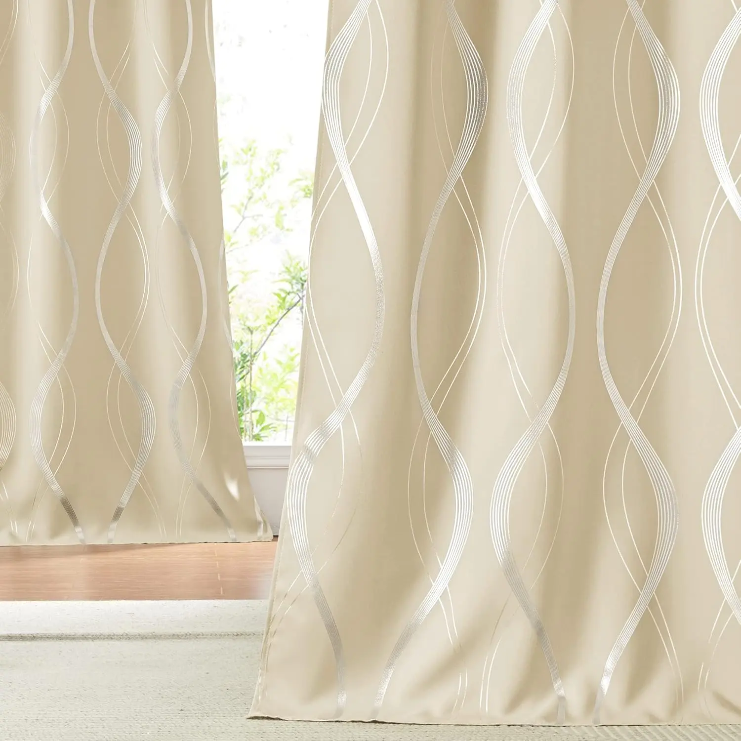 NICETOWN Room Darkening Curtains for Bedroom， Noise Reducing Thermal Insulated Wave Line Foil Print Design Blackout Curtains for Patio Sliding Glass Door (2 Panels， 42 x 84 Inch， Biscotti Beige)