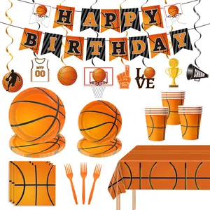 130 Pcs Basketball Party Supplies Basketball Party Supplies Set for Kids and Adults Plates Napkins Cups Forks Tablecloth Banner, Serves 24 Guests