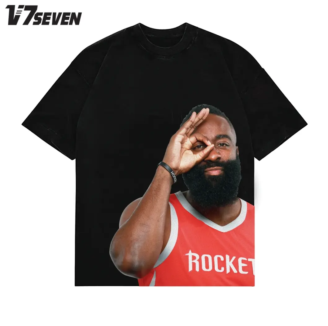 James Harden Portrait Print T-Shirt Men Vintage Crew Neck Short Sleeve Tee Hip Hop Streetwear Black Casual Tops
