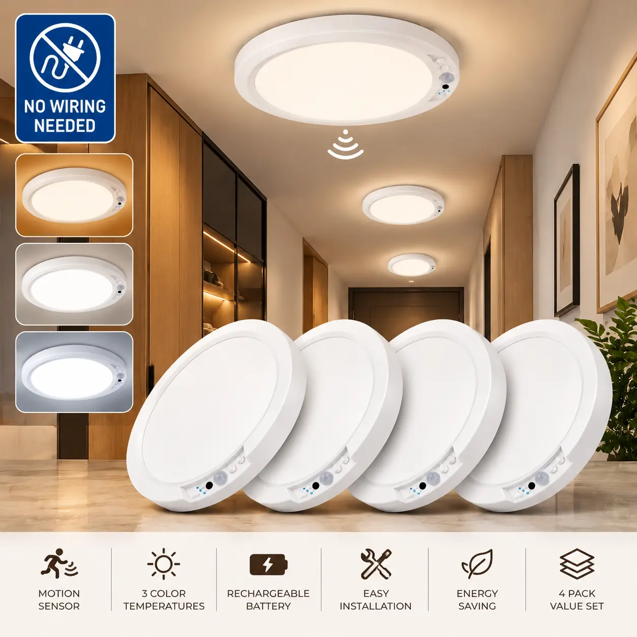 Qawtor 4-Pack 4000mAh Rechargeable LED Ceiling Lights - Wireless Magnetic Mount, Motion Sensor, Remote Control, 3 Color Modes, Adjustable Brightness, Timer, Auto On/Off, No Wiring - Indoor Lighting for Closet, Bedroom