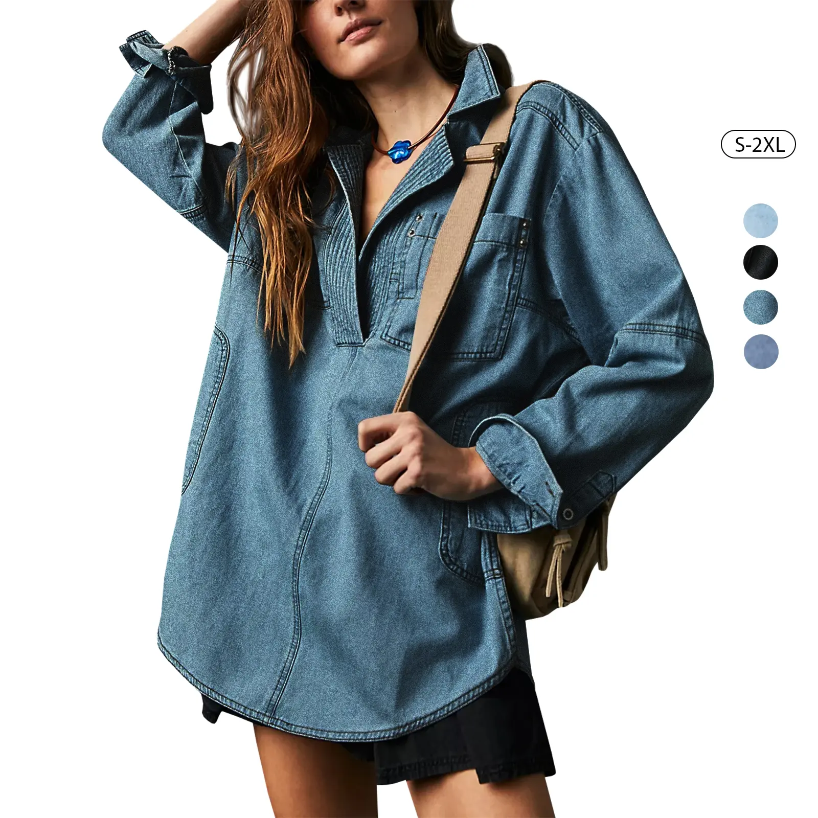 Tankaneo Women's Denim Pullover Casual Button V Neck Blouse Loose Fit Long Sleeve Jean Jacket With Pocket