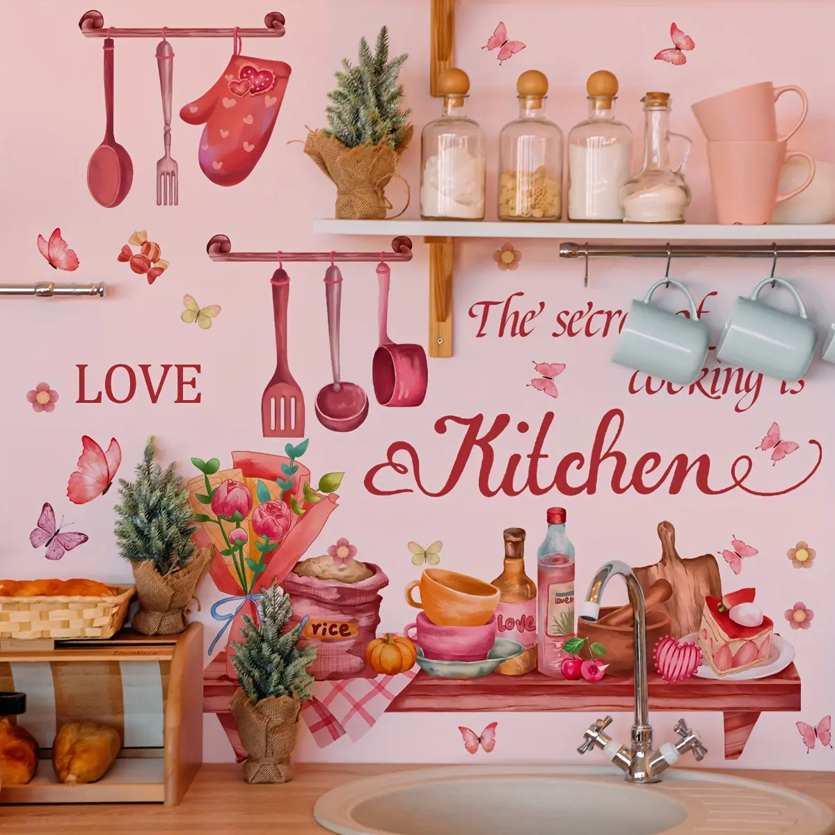 A warm Valentine's Day tableware wall sticker Floral wall decals Floral Pattern Decorative Sticker for kitchen and dining room background wall decoration, self-adhesive Wall Decal MS7228-YC
