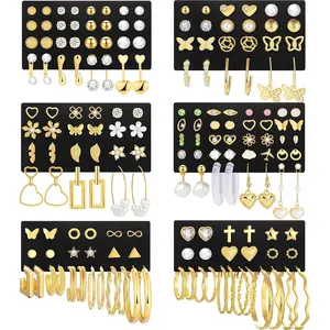 84 Pairs Gold Stud Earrings Set for Women Multipack, Fashion Pearl Cubic Zirconia Butterfly Earrings Packs Piercings, Hypoallergenic Stud Hoops Earrings for Gift