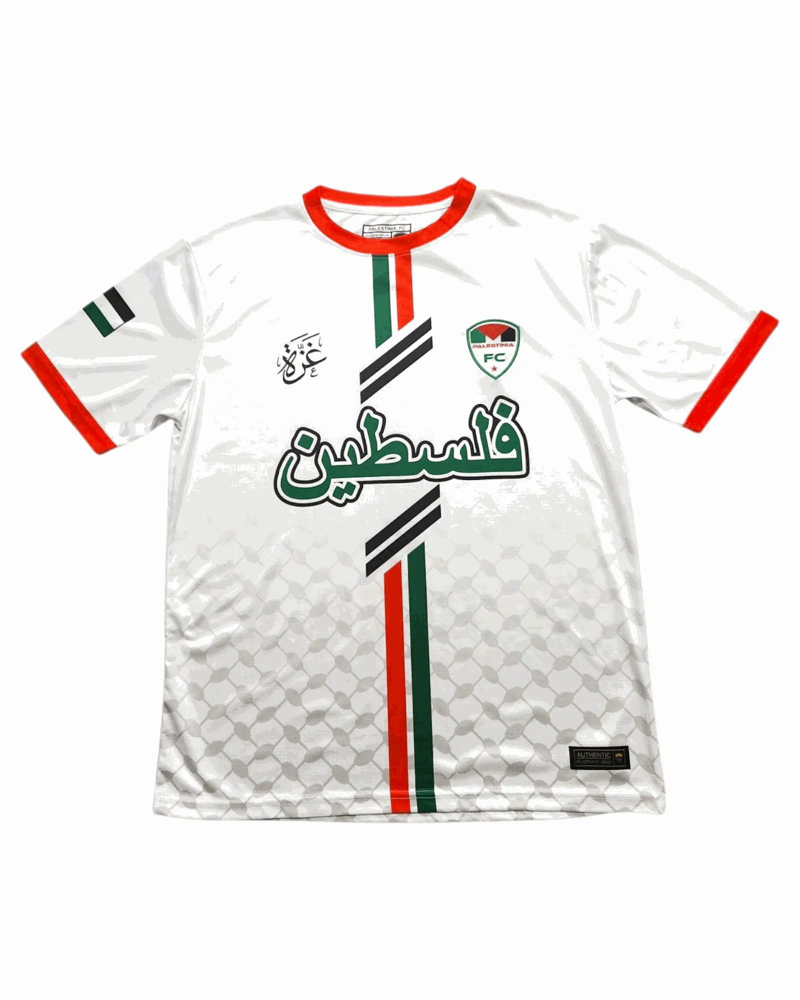 White Palestine Arabic Jersey (Green/Red Stripes)