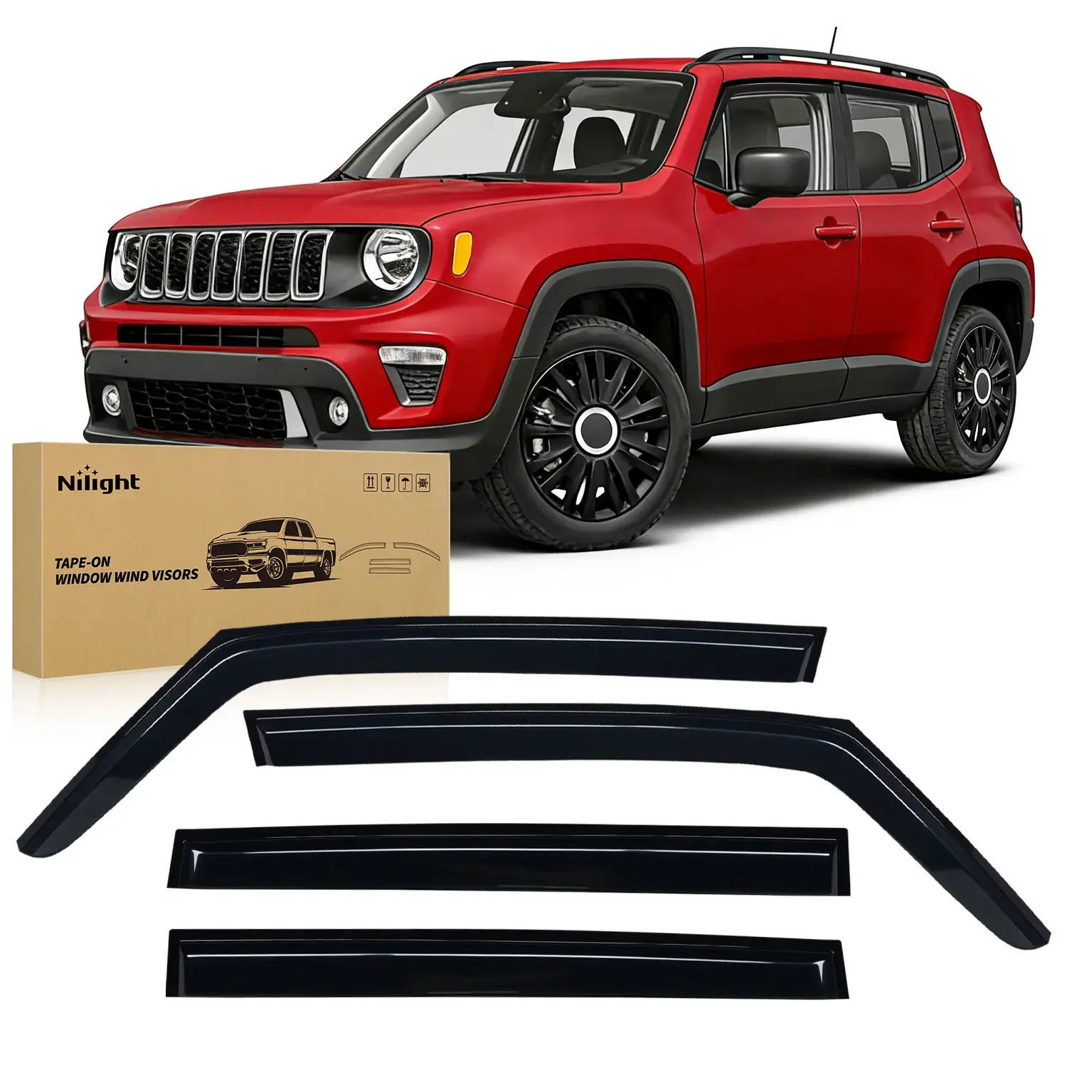 Nilight Classic Side Window Deflectors & Visors for Jeep Renegade 2015-2024, 4PCS Acrylic Vent Visors with Heat Bonding Tape-On Installation, Fog Prevention Car Accessories, Exterior Car Add-Ons