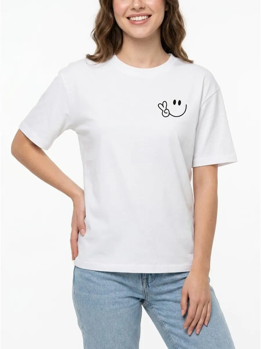 Smiley Peace Tee Minimalist Graphic 100% Cotton Black White S-3XL Women Casual-chic Street-style Daily-wear Happy-vibe