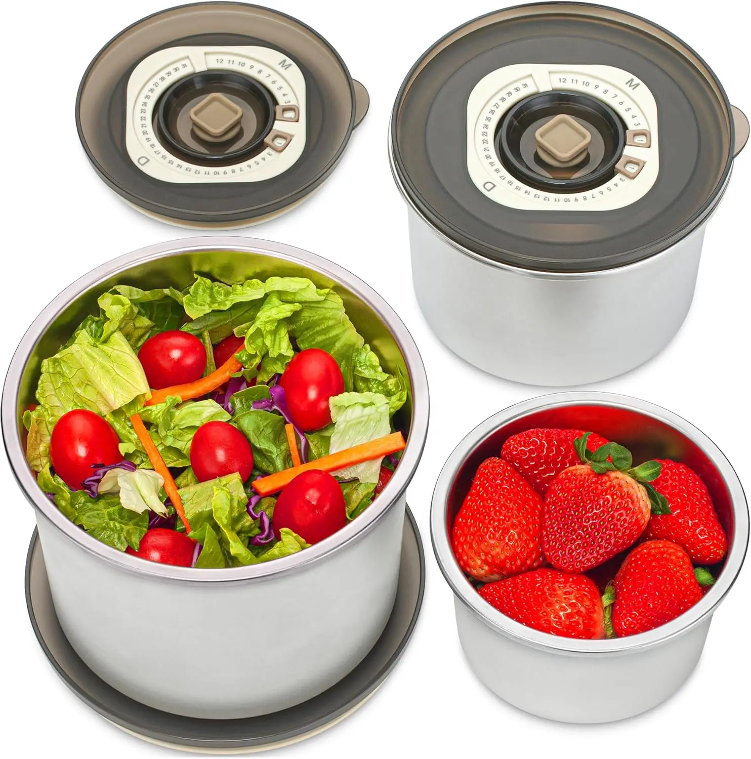 EVERUSELY Kitchen Handheld Airtight Vacuum-Packed Re-Sealable Food Containers, 3-Piece Large Stackable Stainless Steel Set with Translucent Leakproof Food-Grade Lids, Nesting Portion-Controlled Bowls for Meal Prep, Airtight Food Containers