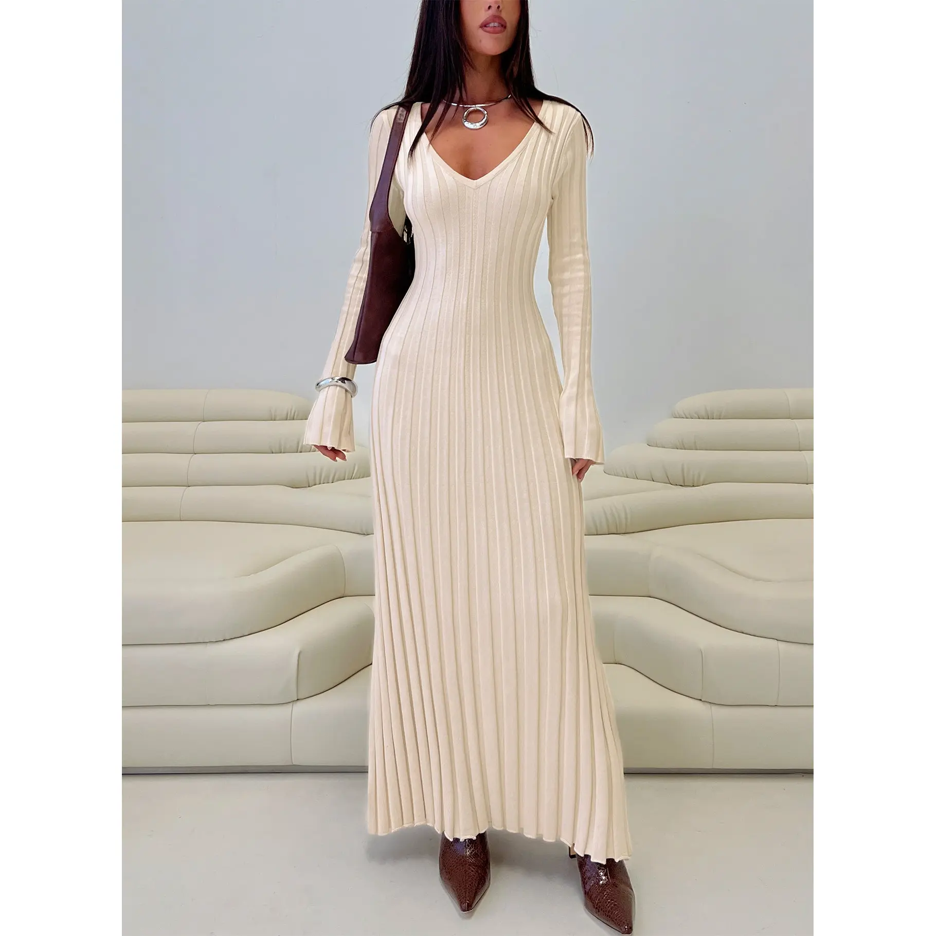 Gratuita Long Sleeve Rib Maxi Dress Cream
