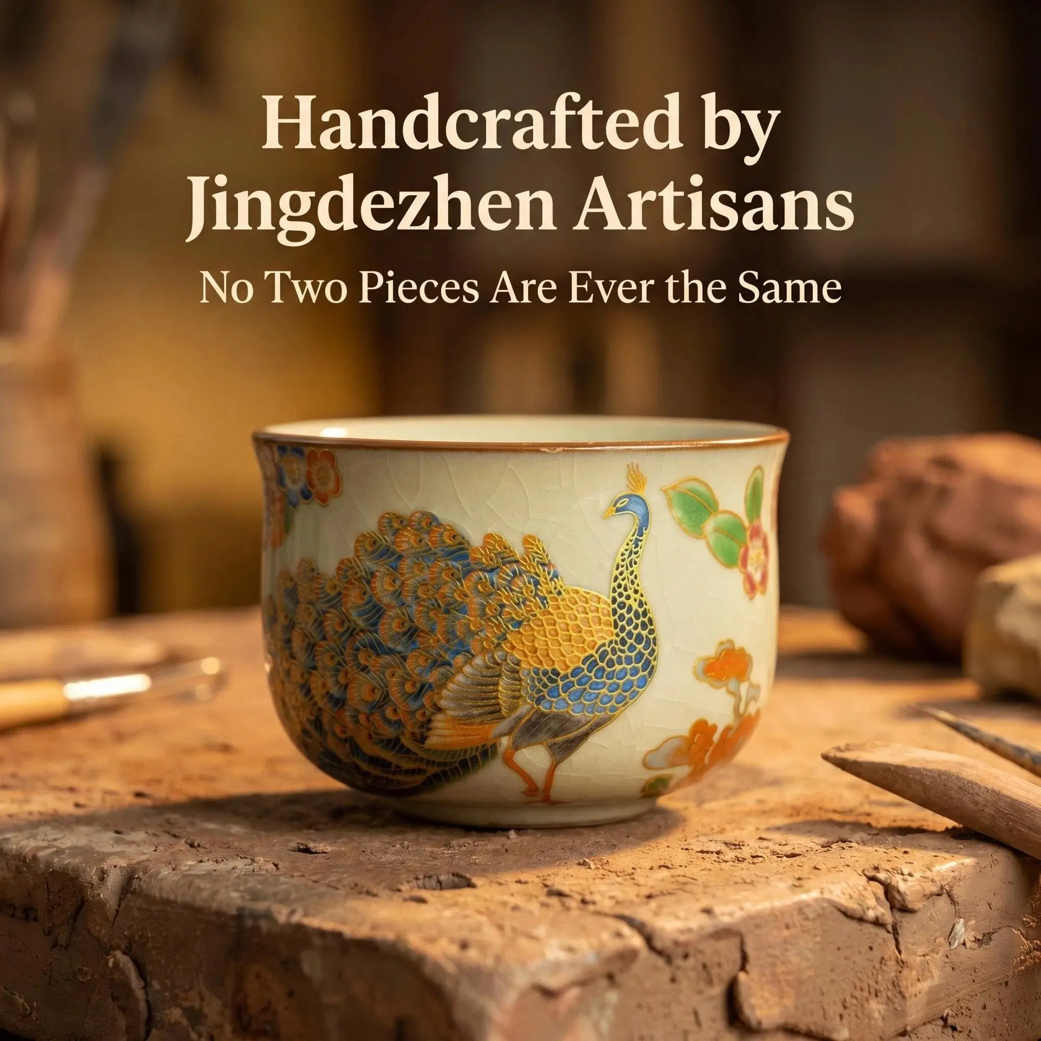 Intangible Cultural Heritage Collector's Edition Handmade Porcelain Peacock Tea Cup - 2.46oz, Gold Accents, Unique Cultural Pottery Collectible