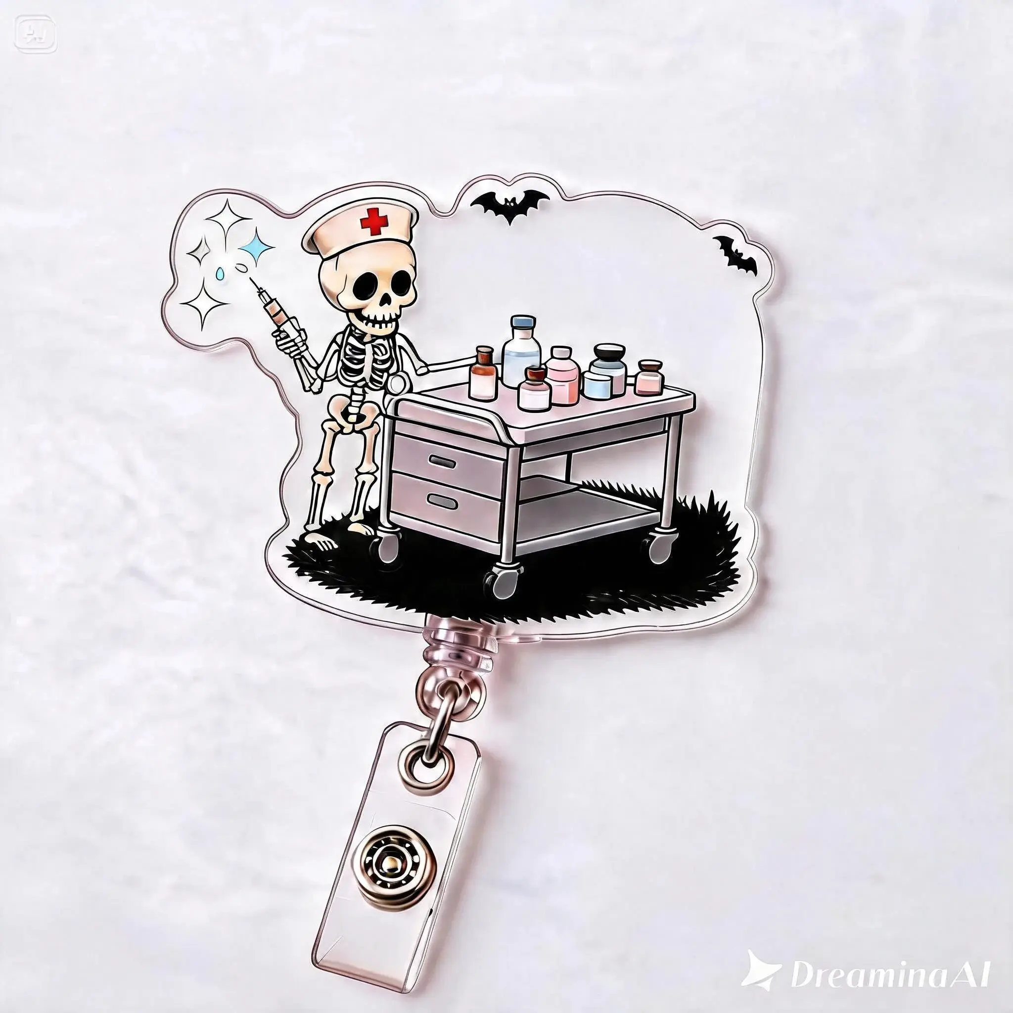 Halloween Skeleton Nurse Retractable Acrylic Badge Reel, Cute Spooky Medical ID Badge Holder for Healthcare Workers