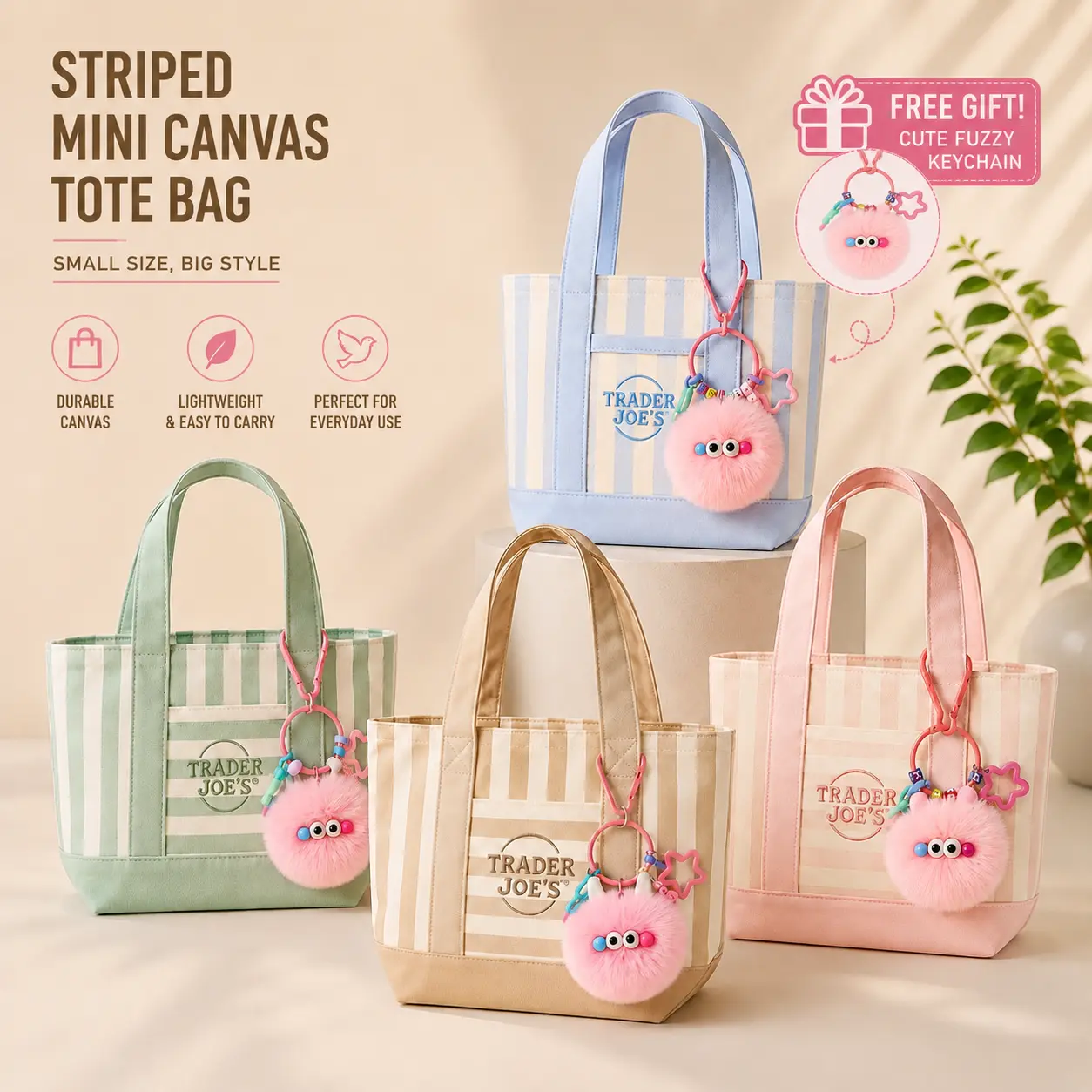 Trader Joe’s Striped Canvas Tote Bag - Cute Versatile Reusable Handbag, Lightweight Portable Daily Shopping Accessory, 4 Pastel Colors, Bonus Gift Keychain