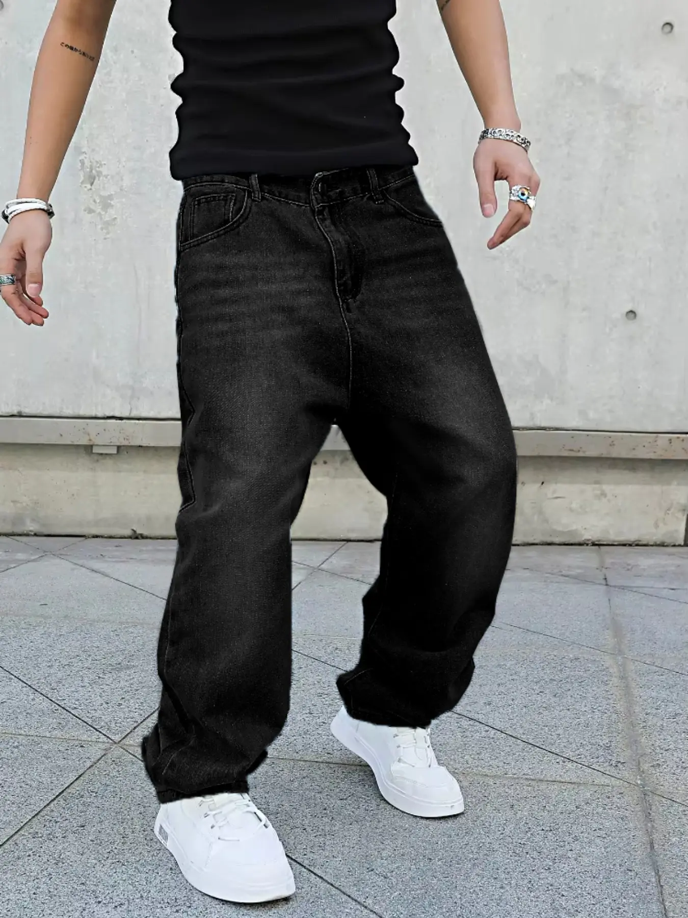 New Men's Four-Season Jeans, Fitted Casual Jean, Plain Dark Wash, Floor-Length, Button Fly, Y2K Retro Style, Gift for Husband or Boyfriend, Pants