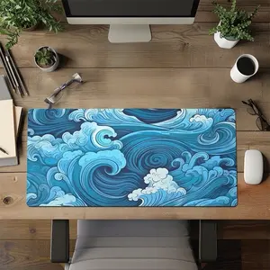 Aesthetic Desk Mat Art Japanese Great Waves XXL Gaming Mouse Pad Blue Mousepad 14.75x35.43 Beautiful Nature Rubber Desk Pad Mat