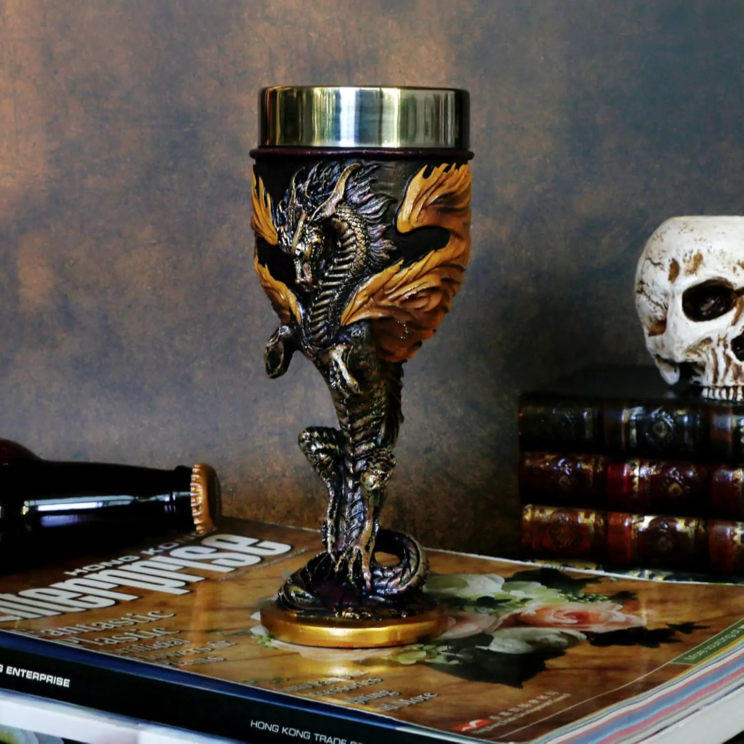Alikiki 1-Piece Medieval Flame Dragon 7oz Stainless Steel Wine Goblet - Comfortable Inner Cup, Round Mouth, Reusable for Coffee/Cocktail, Themed Party/Gothic Gathering, DnD Members, Father's Day Gift