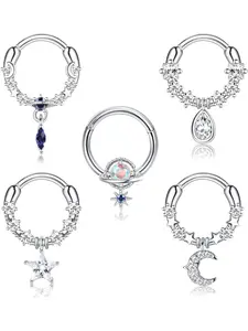 5 Pcs 16G Dangle Septum Rings for Women CZ Septum Nose Rings Dangle Septum Jewelry Blue Planet Moon Star Daith Earrings Cartilage Helix Piercing Jewelry Silver 8mm