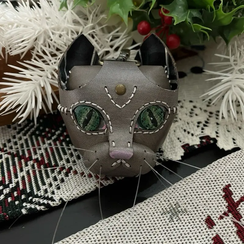 Meet Meowlette Great Mini Wallet Hand Sewn & Dyed Silver Real Veg Tan Leather USA Made Holds Quite a Bit Perfect on Its Own Cat Face Design Red Color