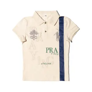 Praying Women's Casual Navy-Beige Striped Printed Polo Shirt - Short-sleeve Collared Neck Clothes for Daily Wear