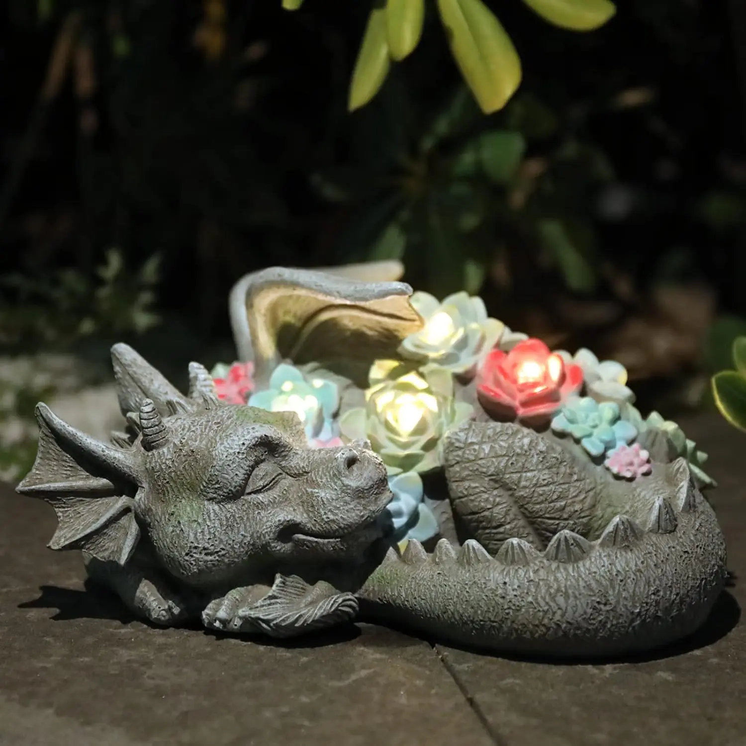 Dragon Statue Outdoor Decor, Coiled Sleeping Dragon Figurine with Solar Light Succulent,    Sculpture for Outside Lawn Patio Yard Ornament Gifts