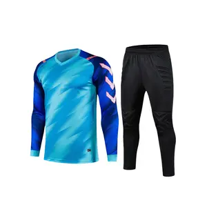 2pcs Soccer Goalkeeper Training Set - Long Sleeve Blue & Black T-Shirt with Sponge Elbow Pads, Chest Non-Slip Rubber Strips, Breathable Quick-Dry Polyester, Training Pants with Protective Elastic Waistband, Perfect for Running, and Competitions,