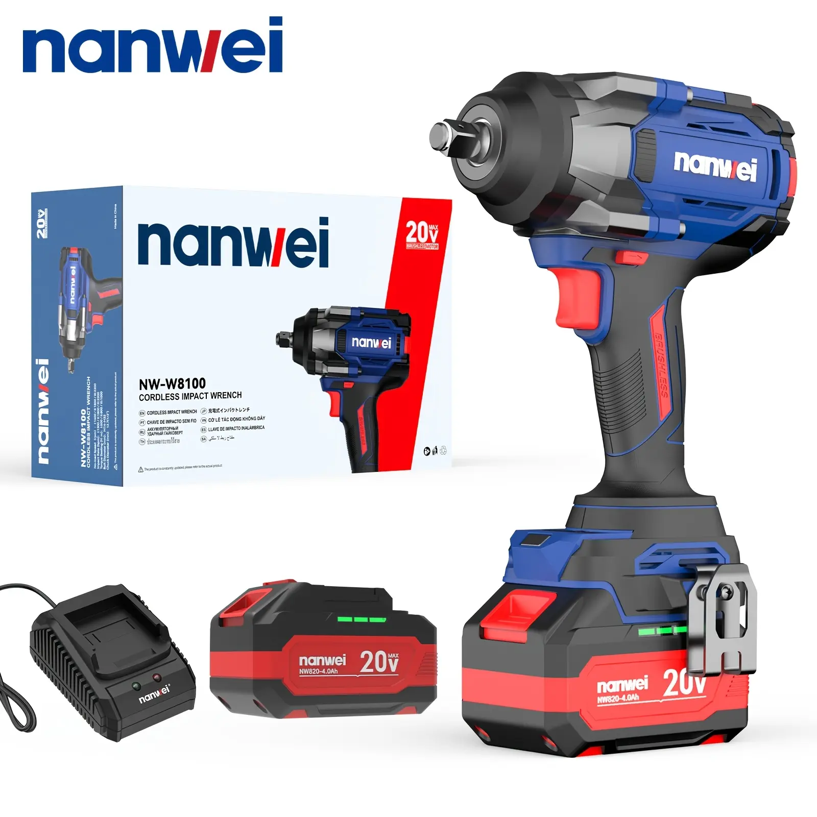 NANWEI 20V Brushless Cordless Impact Wrench Kit - 1000Nm Torque, 3 Variable Speeds, Complete Accessories, Heavy-Duty Professional Tool for Car Tire Maintenance, Renovation