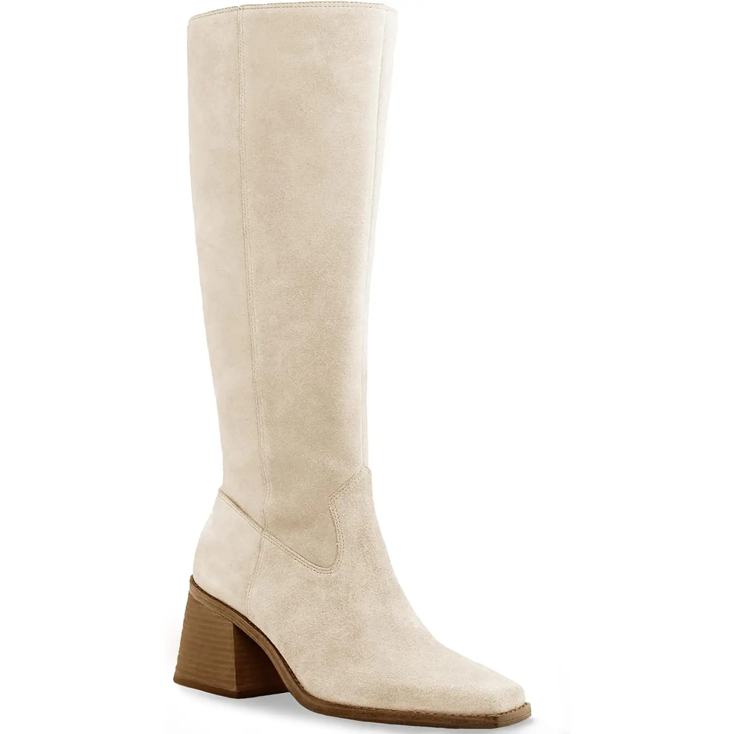 Coutgo Women's Knee High Boots Wide Calf Square Toe Chunky Heeled Pull-on Boot summervibes Footwear Suede Beige