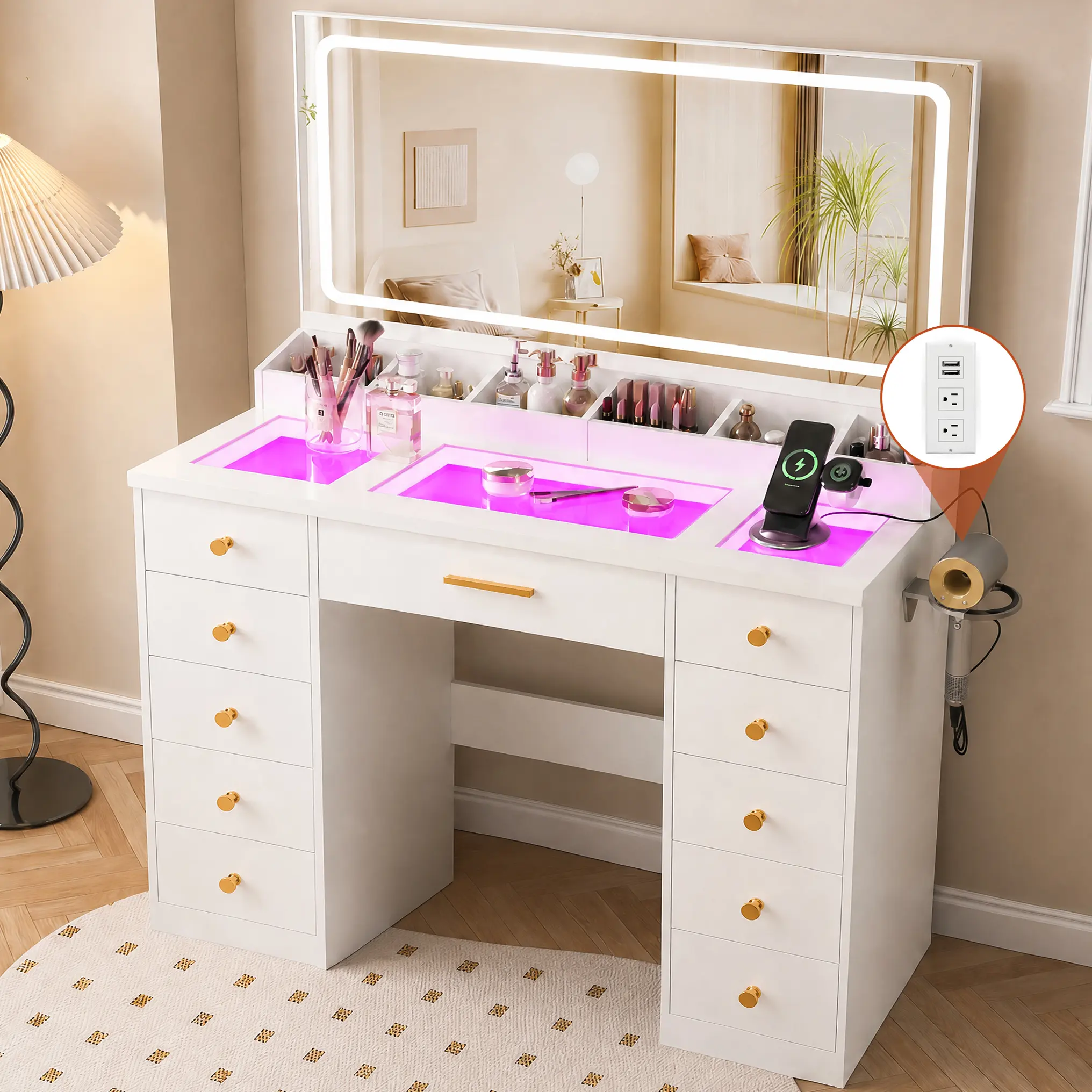 Vanity Desk with Mirror and LED Lights,58" Makeup Vanity,3 Color Lighting Modes, Makeup Vanity with Clear Glass Top & RGB Light, Vanity Table with 11 Drawers,Power Outlet, Vanity for Women Bedroom, White transparent