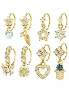8pcs Dangle Nose Rings, Elegant Hoop Butterfly Heart Moon Flower Cross Star Cz, Cartilage Earring, Dangling Nose Body Piercing Jewelry 20g
