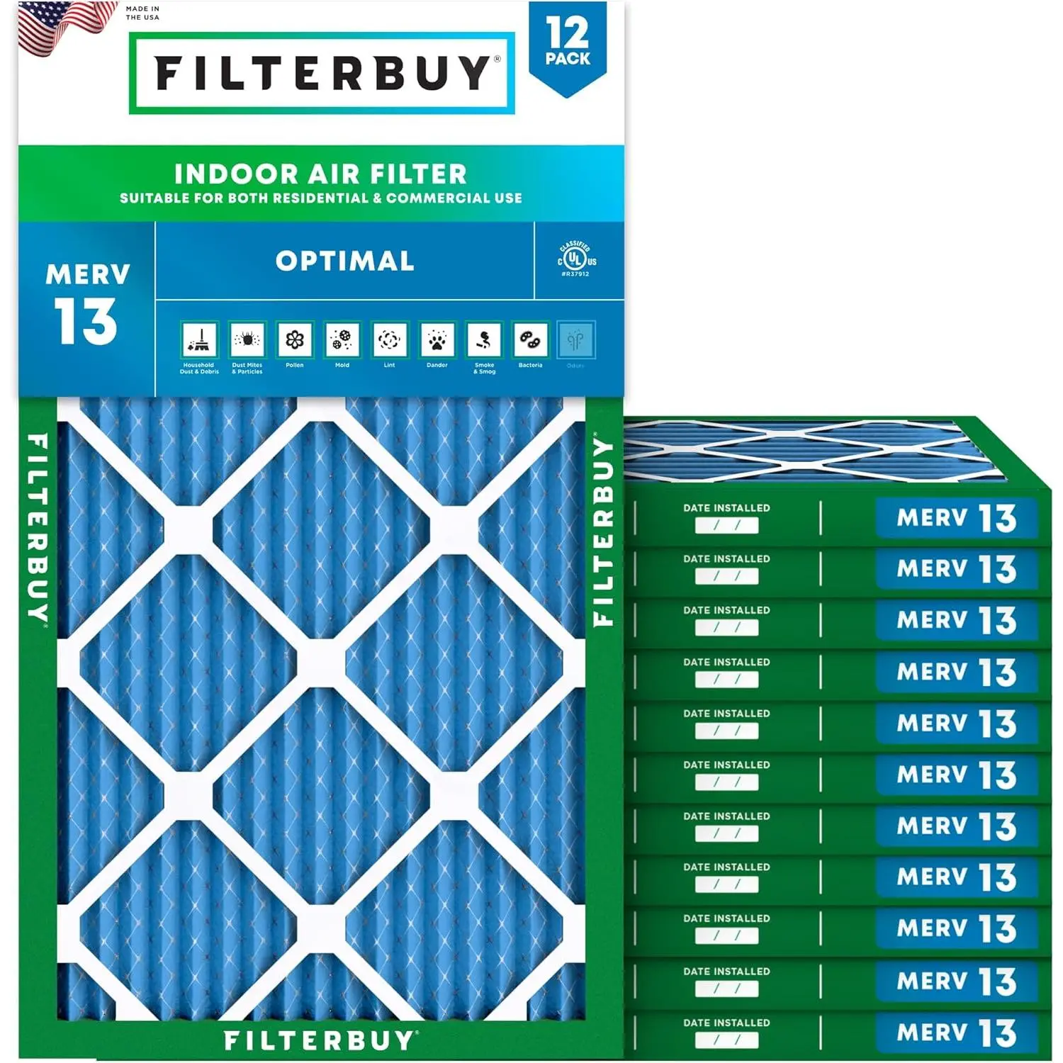 Filterbuy Synthetic 14x30x1 HVAC AC Furnace Air Filter (12-Pack), Pleated MERV 13 Optimal Defense (Actual Size: 13.88x29.88x0.75 in)