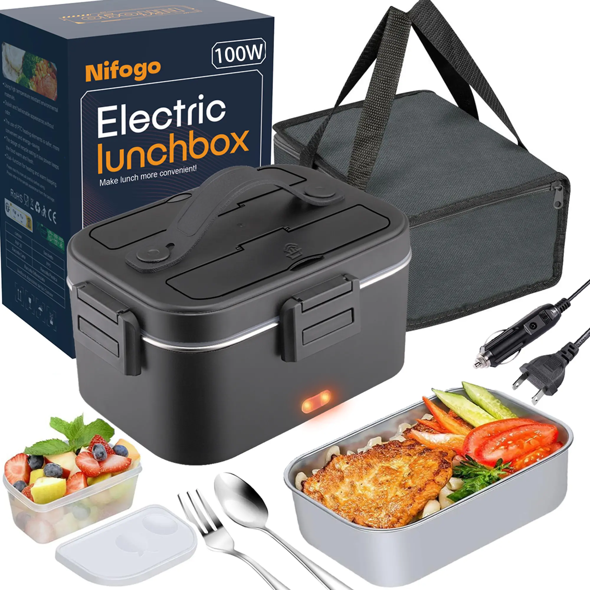 Nifoga 100W Electric Lunch Box, 1.8L Portable Food Heater for Adults with Tableware & Lunch Bag, Compact Design Ideal for Camping & Office Use