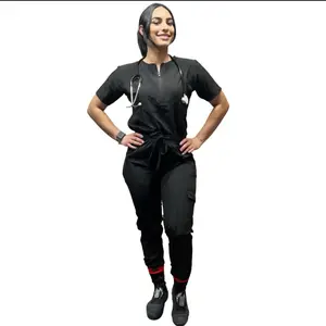 Nyah Collection Uniform Scrub Top - Black Short Sleeve with Zipper and Pockets, Ideal for Medical Professionals