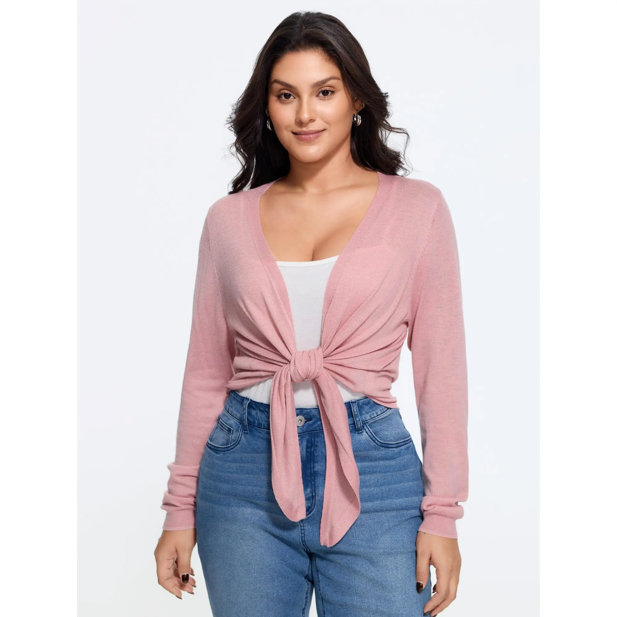 BloomChic Plus Size Front Tie Wrap Cropped Cardigan[M-6X] 2026 Summerfinds, Long Sleeve, Fabric, Knitwear, Garment, Fit, Tops, Tie Detail