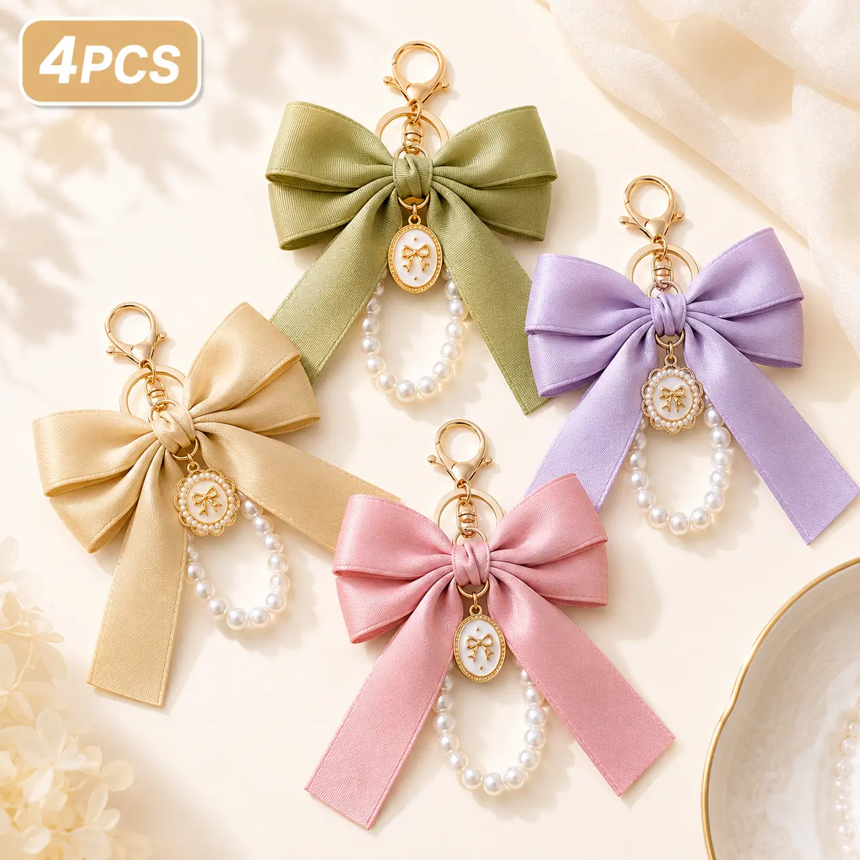 4 Pcs Coquette Bag Charms, Synthetic Silk Satin Bow Purse Accessories for Women with Faux Pearls & Sparkling Faux Crystals, Backpack Bag Decoration, Key, Wristlet, Versatile Styling, Vintage, Handmade Satin Ribbon Bow, Romantic Accessories, Daily Wear, Ba