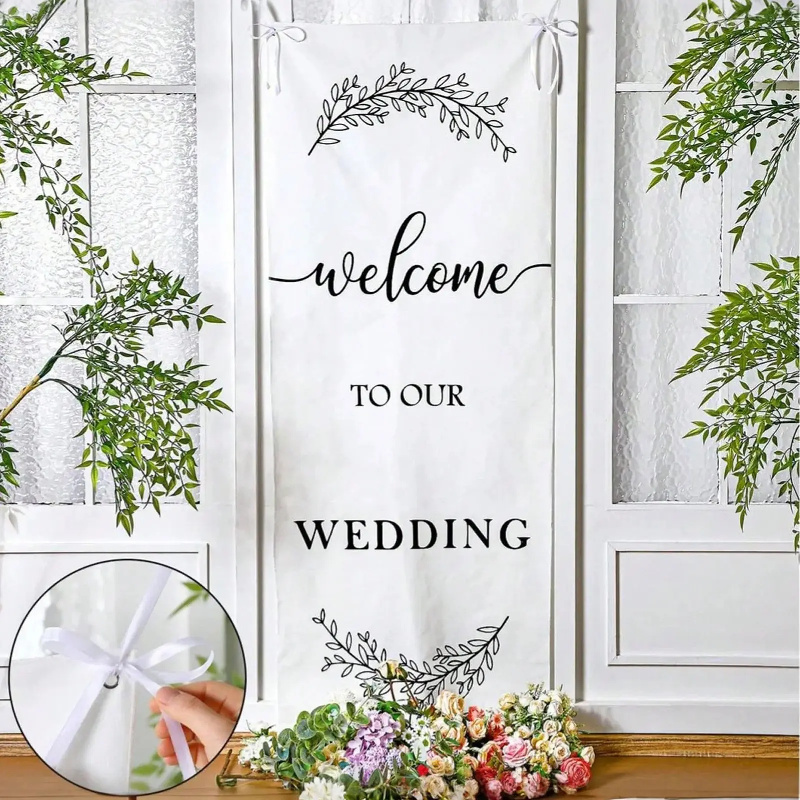 Wedding Linen Country Style Welcome Banner, Simple Ceremony Background, Includes Ribbon and Clips, Perfect for Arch and Banquet Backdrop, Wedding Party Backdrop
