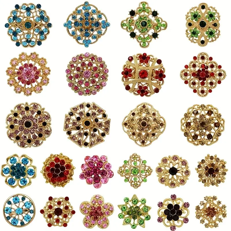24PCS/SET Vintage Alloy Steel Brooch Lot with Rhinestones & Crystals, Flowers-Enhanced Pins for Women, Multiple Uses for Suits, Scarves, Wedding Gifts & DIY Projects