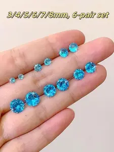 6 Pairs Blue Fashion Simple Earrings, Unisex Style, 3mm-8mm Lightweight Cartilage Studs, Round Flat Back, Flatback Stud Earrings, Compact Stylish Earrings, Earring Stacking Set