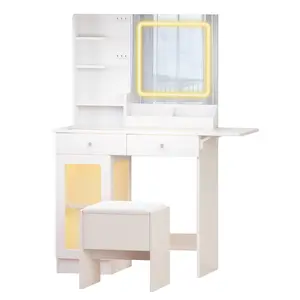 Small Vanity Desk with Mirror and Lights and Chair, Makeup Vanity with Glass Top and 2 USB Power Strip, Vanity with Two Drawers and one Cabinet, Dressing Table Set with 3 Lights Colors Mirror (White)