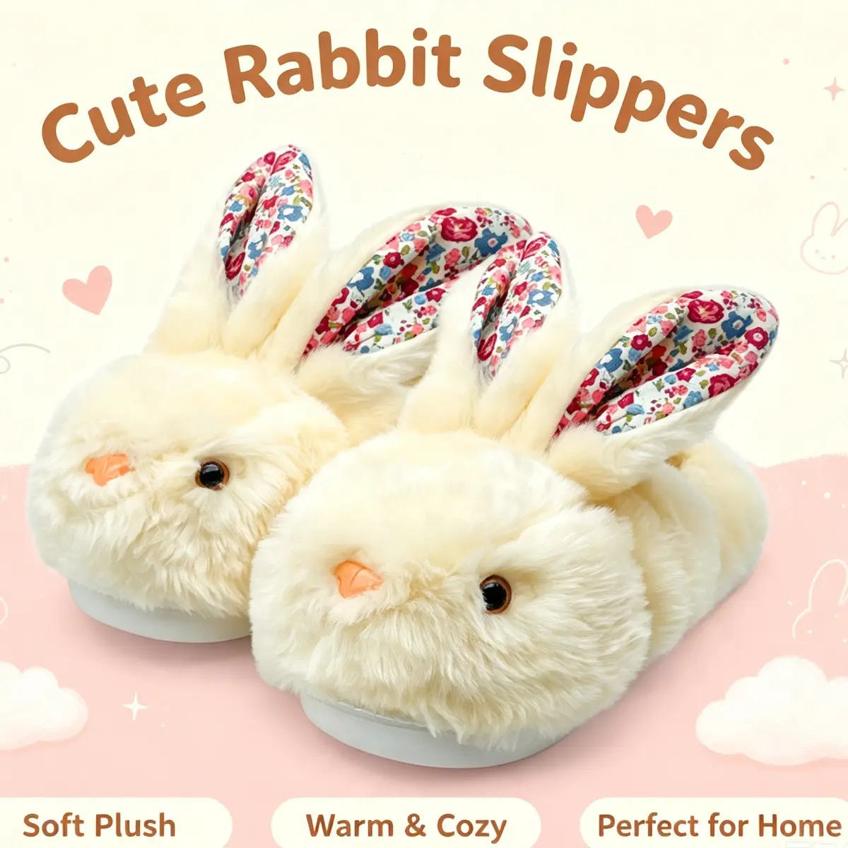Cute Plush Rabbit Slippers for Women, Warm Fuzzy Closed Toe House Shoes, Non Slip Soft Fluffy Winter Indoor Slides Multiple Colors