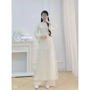 Cream lace embroidery with pearl A5 | Ao Dai for Women| Lunar New Year | Ao Dai Viet Nam