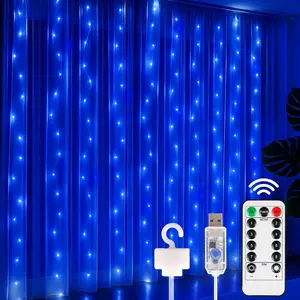 300 LED Fairy Curtain Lights, 9.8ft x 9.8ft  Operated with 8 Modes Remote Christmas  String Hanging Lights for Bedroom Patio Garden Party Wedding Wall Decor (Blue)