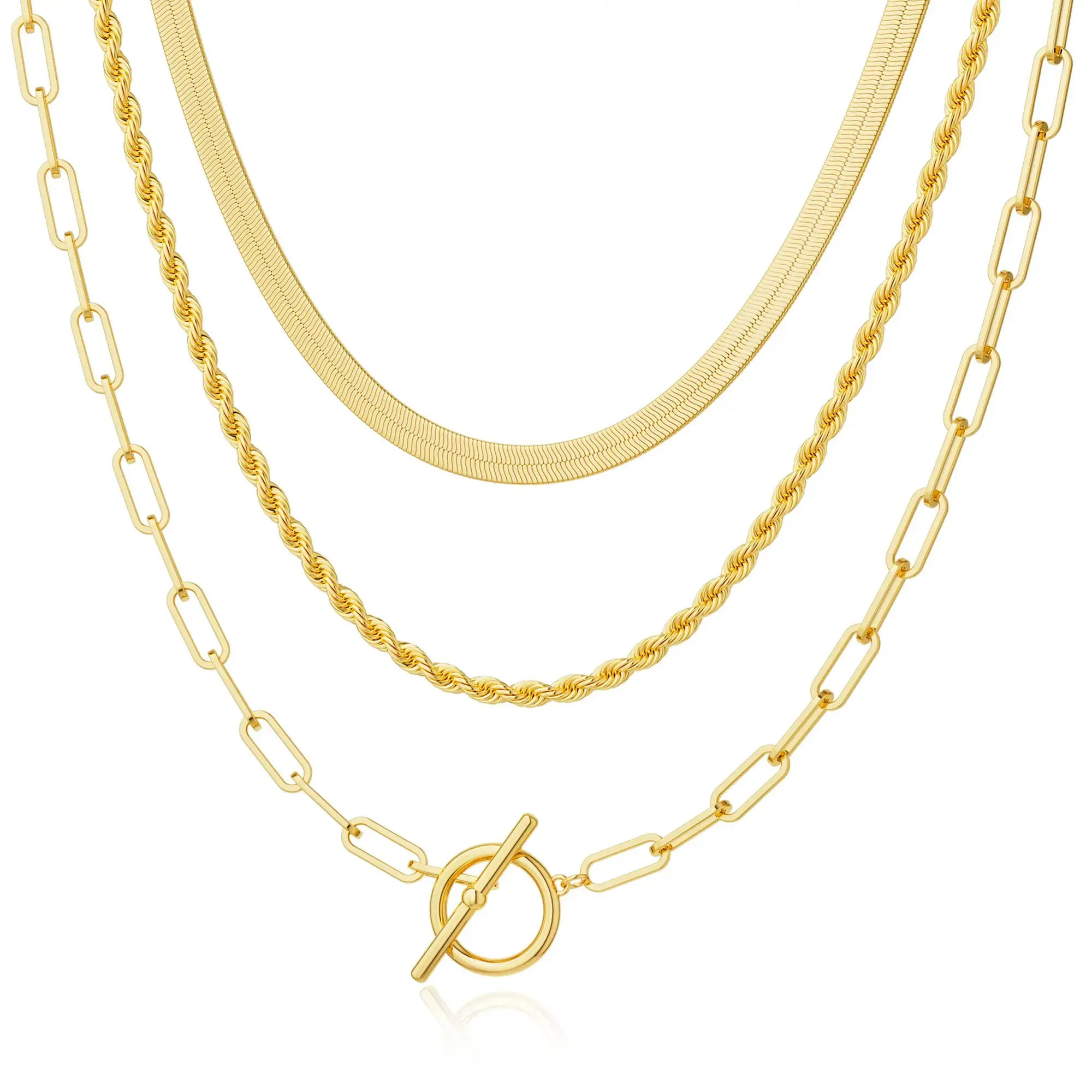 Women’s Layered OT Toggle Clasp Necklace, 3 in 1 Herringbone Rope Paperclip Link Chain Stackable T-Bar Choker, Trendy Gold Fashion Jewelry Gift