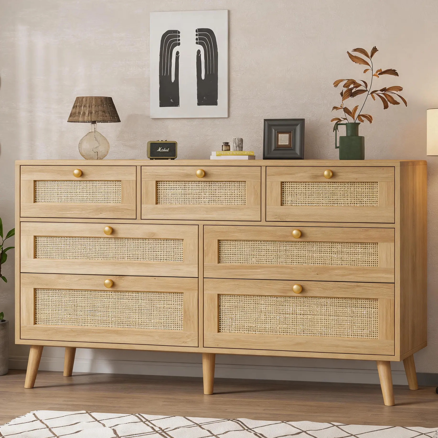 47" Sturdy Rattan Dresser - 7-Drawer Farmhouse French Country Style Wood Cabinet Chest, Clothing Storage Furniture with Deep Wood Drawers for Bedroom & Living Room