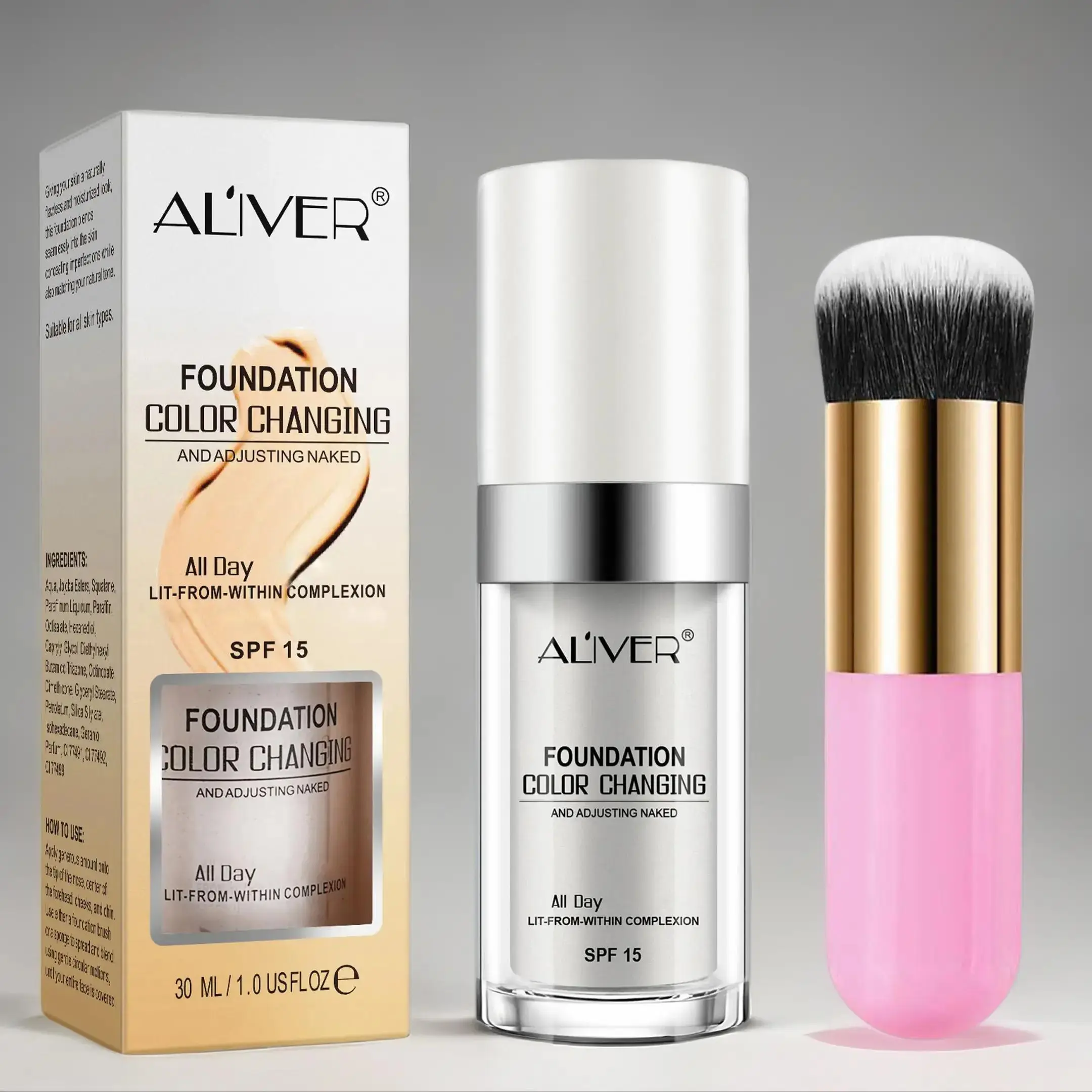 Aliver Color Changing Flawless Foundation 30ml+ Pink Makeup Brush, Light Texture, Long-lasting Makeup Effect, Mild Non-irritating, Moisturizing Cream, Cover Up, Moisture Liquid Foundation Moisturizer, Skin Tint for Fair Skin People, Hydrating Makeup