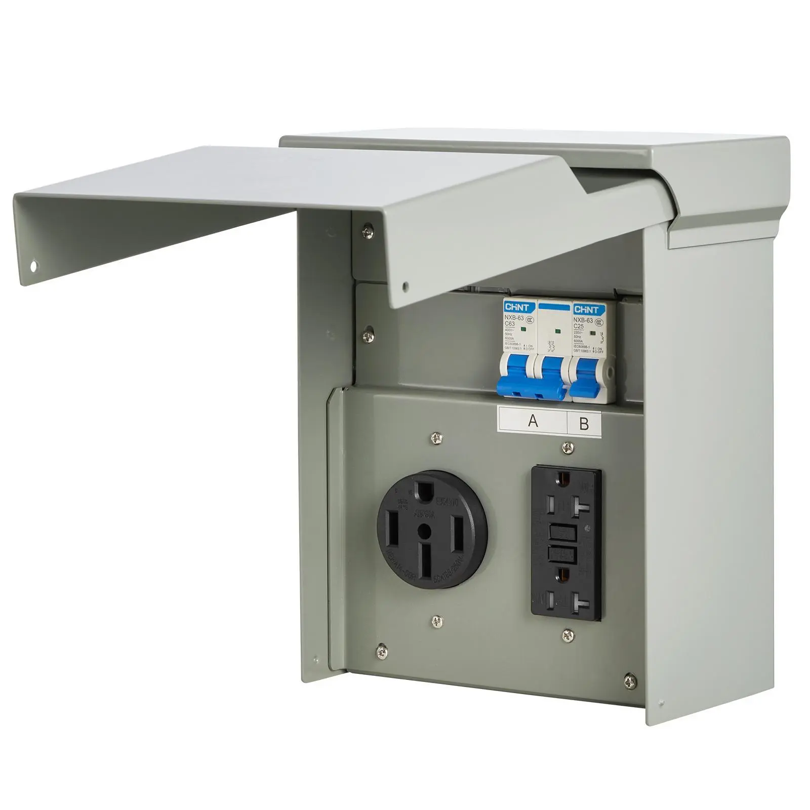 【Summerfinds】VEVOR Temporary Power Outlet Panel, 20 50 Amp, RV EV Electrical Outlet Panel with NEMA 50 Amp GFCI 20 Amp Receptacle Installed, Pre-Wired IP54 Weatherproof Box, for RV Camper Car Travel Motorhome